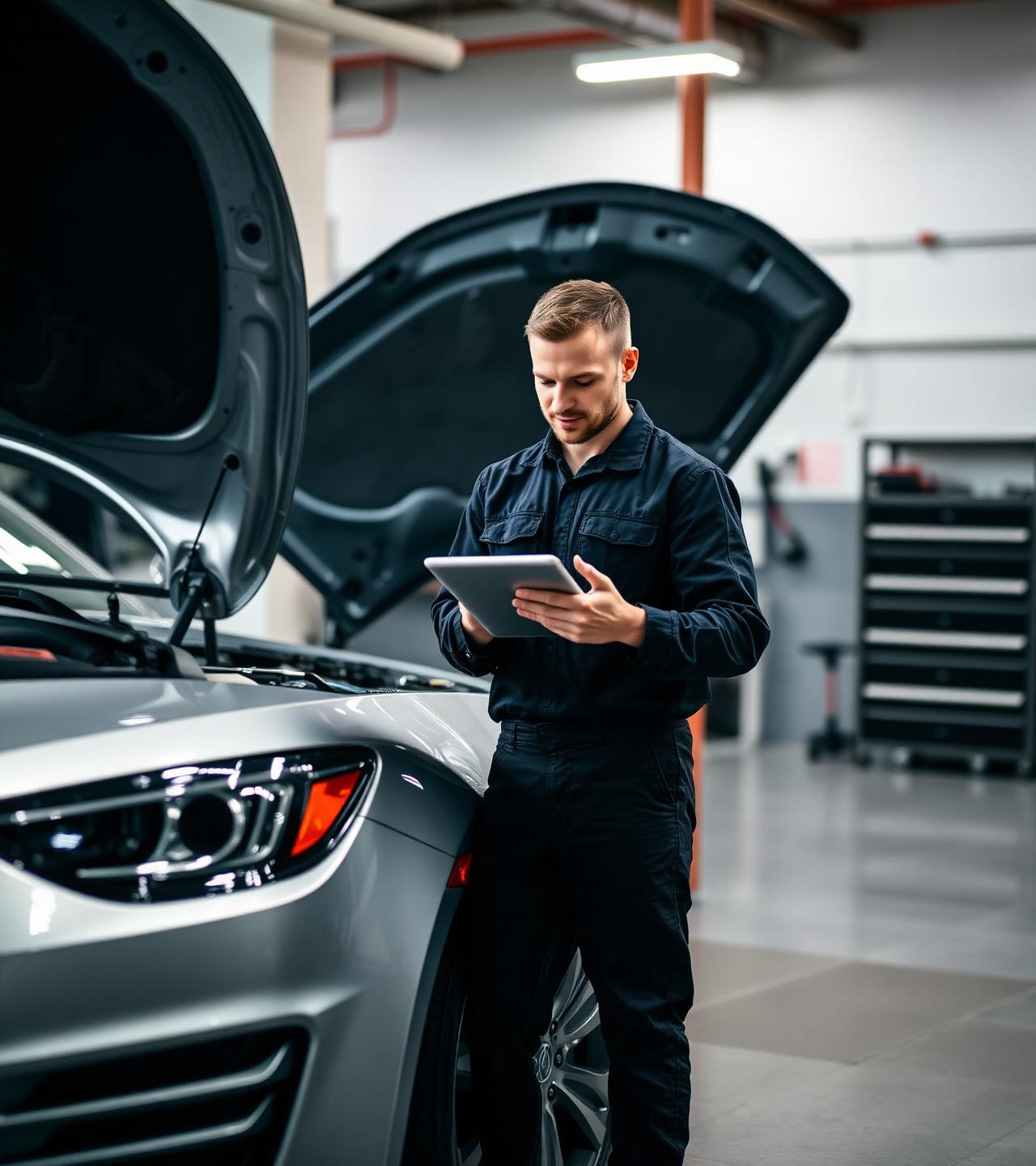 DriveProof inspector reviewing a vehicle checklist beside a car with its bonnet open